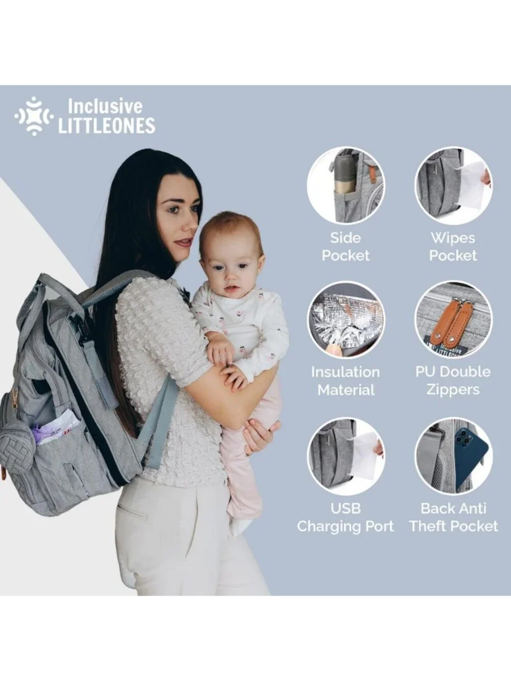 Multifunctional Diaper Bag with Changing Station, Stroller Straps & Pacifier